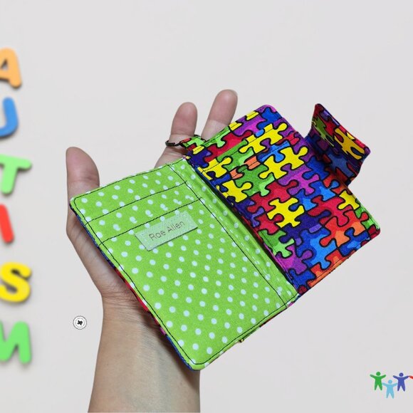 Handmade Autism Puzzle Fabric Card Wallet with Keyring - Picture 4 of 6